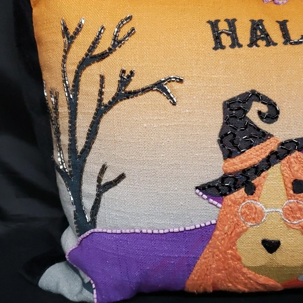 Mi Chateaux Applique and Beaded Dog and Cat Halloween Pillow